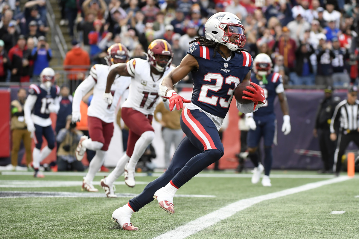 Nov 5, 2023; Foxborough, Massachusetts, USA; New England Patriots safety Kyle Dugger (23) runs the ball out of the end zone after an interception during the first half against the Washington Commanders at Gillette Stadium. 